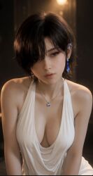 ai_generated android artist_request asian asian_female bangs bangs_over_eyes bangs_over_one_eye black_hair brown_hair cleavage cleavage_cutout dress earrings evie_(stellar_blade) medium_breasts necklace short_hair sleeveless sleeveless_shirt stellar_blade stellar_blade:_blood_rain video_game_character