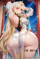1girl ai_generated big_breasts blonde_hair china_dress female huge_breasts mature_female revoaru suisui_(wuthering_waves) thick_thighs thighs wuthering_waves