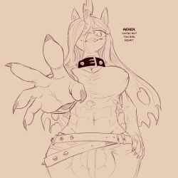 1:1 5_fingers anthro anthrofied arthropod ball_bulge belt big_bulge bottomwear breasts bulge changeling_(mlp) cleavage clothed clothed_anthro clothed_gynomorph clothing cold-blooded-twilight collar dialogue english_text equid fingers friendship_is_magic grin gynomorph hair hair_over_eye hand_on_hip hasbro hi_res horn intersex looking_at_viewer low-angle_view mammal monochrome my_little_pony nails navel nipple_outline pants queen_chrysalis_(mlp) reaching_towards_viewer sharp_nails sheath_bulge shirt smile solo spiked_belt spiked_collar spikes talking_to_viewer text topwear torn_clothing torn_shirt torn_topwear