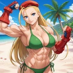 1girls abs ai_generated beach bikini blonde_hair blue_eyes cammy_white capcom fingerless_gloves gloves green_bikini long_gloves long_hair looking_at_viewer muscular_female ocean red_hat sand smiling smiling_at_viewer street_fighter tree