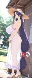 anime_girl anime_style barefoot bus_stop child_bearing_hips cleavage cleavage_cutout dress fate/grand_order fate_(series) female female_only hat high_heels large_ass large_breasts long_dress long_hair looking_at_viewer mature mature_body mature_female mature_woman mommy mommy_kink mommy_milkers natural_breasts purple_eyes purple_hair raikou_(fate/grand_order) reiranai sandals see-through see-through_clothing see-through_dress sideboob skirt slim_waist smiling smiling_at_viewer tall_female three-quarter_view video_game_character wide_hips