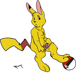 anthro color cum fur furry male male_only nintendo nude penis pikachu poke_ball pokeball pokemon put side_view solo tagme