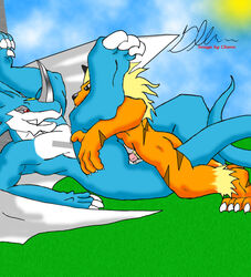 anthro digimon exveemon furry glenn leomon male_only scalie tagme