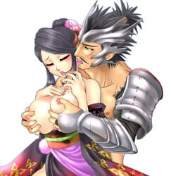 1boy armor black_hair blush breast_grab breast_squeeze breasts closed_eyes clothing couple devil_king devil_kings female huge_breasts large_breasts male nail_polish nouhime nouhime_(sengoku_basara) oda_nobunaga oda_nobunaga_(sengoku_basara) open_mouth sengoku_basara simple_background straight tokisige tongue