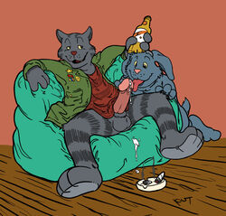 anthro anthro_male balls bean_bag beer bottomless cat cum feline fritz_the_cat fritz_the_cat_(character) fur furry humanoid_penis male male_only oral oral_sex partially_clothed precum put smoking yaoi