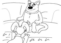 animal_genitalia animals animals_only captain_cuddlepuss collar couch creature_comforts dog drawn first_porn_of_franchise male male/ambiguous monochrome penis sitting tagme trixie