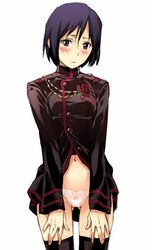 blush bottomless d.gray-man lenalee_lee military military_uniform mosha no_pants panties purple_eyes short_hair thighhighs underwear uniform white_panties