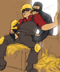 2d balaclava clothing engineer engineer_(team_fortress_2) fully_clothed gloved_handjob gloves handjob hard_hat human human_male human_only male male/male male_focus male_only nervous overalls reach_around sitting smirk smoking spy spy_(team_fortress_2) suit syberfox team_fortress_2