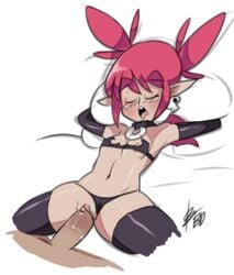 bigdeadalive bikini bikini_aside black_bikini blush clitoris closed_eyes collar cropped_legs demon_girl disgaea disgaea_1 earrings elbow_gloves etna eyebrows female flat_chest gloves highres jewelry nipple_slip nipples nippon_ichi_software open_mouth panties_aside pillow pillow_grab red_hair sex skull_earrings solo_focus spread_legs swimsuit thick_eyebrows tied_hair twintails vaginal_penetration