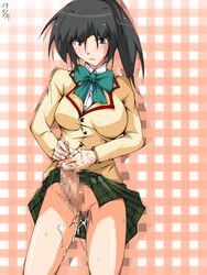 brown_hair censored clothed cum erection futanari grey_hair kouenji kujou_rin mosaic_censoring penis school_uniform to_love-ru