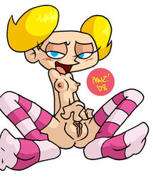 2008 beige_skin blue_eyes breasts cartoon_network dee_dee_(dexter's_laboratory) dexter's_laboratory female female_only fingering front_view hair human masturbation nipples nude praiz pussy sitting smile solo spread_legs tied_hair twintails yellow_hair