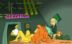 bottomless closed_eyes clothed female flaccid from_behind great_moaning holding_legs homer_simpson human kneeling licking_ass male male/male mindy_simmons montgomery_burns naked pleasure_face running_away the_simpsons tongue_out waylon_smithers