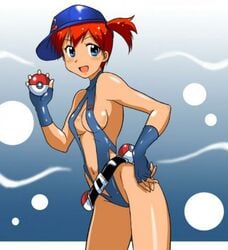 artist_request belt blue_eyes breasts cap cleavage female female_only fingerless_gloves hand_on_hip hat human human_only kasumi_(pokemon) latex leotard navel nintendo open_mouth poke_ball pokemon red_hair short_hair smile solo standing thong_leotard waist_poke_ball