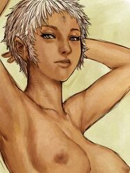 arms_behind arms_behind_back arms_up breasts capcom dark_skin fumio_(rsqkr) grey_eyes nipples rule_63 short_hair straight_hair street_fighter street_fighter_iii topless urien white_hair