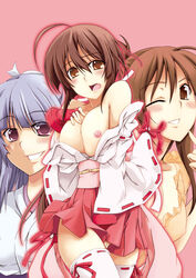 adapted_uniform ahoge blue_hair blush breasts brown_eyes brown_hair clothing female female_only finger_to_mouth fingerless_gloves gloves hakama_skirt japanese_clothes large_breasts long_hair miko miko_outfit miya_asama momiyama multiple_girls musubi nipples no_bra nontraditional_miko off_shoulder orange_eyes pink_eyes ponytail sekirei skirt smile stockings thighhighs tied_hair uzume_(sekirei) white_legwear white_thighhighs wink