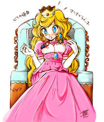 blonde_hair blush breasts cleavage dress luigi mario mario_(series) miniboy nintendo princess_peach straight_hair super_mario_bros. teruchan