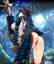 arched_back ass background bent_over big_ass big_breasts breasts capcom color female female_only fishnets forest headband kizuki_aruchu large_breasts long_hair looking_back monster_hunter moon nargacuga_(armor) nature night open_mouth outdoors pussy_juice red_eyes solo tree wet