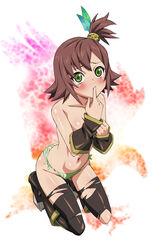 brown_hair green_eyes highres kneeling mokke nan nan_(tales) panties ponytail short_hair side-tie_panties side_ponytail solo tale_of_vesperia tales_of_(series) tales_of_vesperia thighhighs tied_hair topless torn_clothes underwear underwear_only