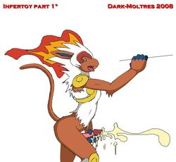 anthro color cum dark_moltres fur furry infernape male male_only masturbation nude penis pokemon pokemon_(species) side_view solo tagme