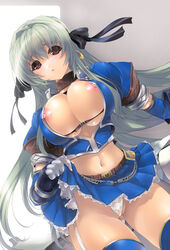 asuru beltbra breasts brown_eyes cameltoe capcom cleavage elbow_gloves gloves green_hair huge_breasts long_hair midriff miwa_yoshikazu monster_hunter monster_hunter_frontier navel nipple_slip nipples panties pleated_skirt skirt skirt_lift thighhighs underwear