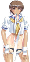 kansuke panties panty_pull sakura_kasugano school_uniform serafuku standing straight_hair street_fighter tan underwear