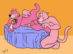 2boys anthro balls black_nose bowtie crossover erection feline gay humanoid_genitalia humanoid_penis kneeling_oral_position legs_held_open licking_testicles lying_on_side male/male male_only oral_sex orange_background pantherine penis pink_fur pink_nose pink_panther pink_panther_(series) pleasure_face precum put snagglepuss spread_legs tagme wrist_cuffs yaoi yellow_sclera