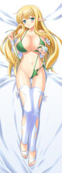 beige_skin bikini blonde_hair blue_eyes blush bra breasts cameltoe cleavage color dakimakura elf female female_only flossing front_view goma_satoshi hands highres huge_breasts large_breasts legs long_hair long_image lying navel on_back open_eyes open_mouth panties panty_pull pointy_ears pussy self_wedgie side-tie_bikini solo stockings swimsuit tall_image thighhighs tiffania_westwood toeless_socks toes underwear undressing wedgie zero_no_tsukaima