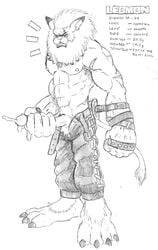 anthro big_penis cum digimon furry furry_only leomon male male_only masturbation monochrome penis salamander_(artist) solo traditional_media