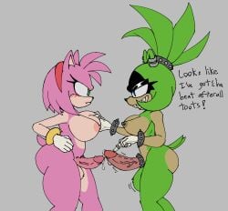 2futas amy_rose anthro artist_request ass balls big_balls breast_grab breasts cock_ring dialogue futa_on_futa futanari intersex large_penis nipple_piercing nipples penis penis_size_comparison penis_size_difference piercing precum sonic_(series) sonic_the_hedgehog_(series) source_request surge_the_tenrec text