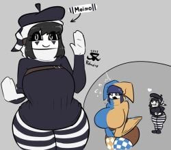 busty dark_blue_hair duomi_(kalmoire) huge_breasts jester jester_girl kalmoire mario_(series) mime mime_girl mimic pushing shy_gal wide_hips