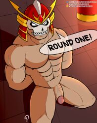 balls bara hands_behind_back helmet helmet_only makidotsukashi male male_only mortal_kombat muscles muscular nude on_knees penis shao_kahn solo solo_male