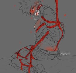 1boy ass_cleavage bed blush bondage butt_crack clothed edit katsuki_bakugou male male_only mouth_open my_hero_academia nipples partially_clothed partially_colored red_rope rope rope_bondage rope_in_ass shoes solo tagme tongue tongue_out watermark yaoi