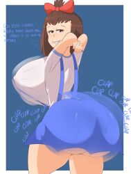 1girls alternate_version_at_source alternate_version_available ass back_view backboob big_ass big_breasts big_butt bowtie breasts brown_hair bubble_ass bubble_butt clapping clapping_ass clapping_buttocks clapping_cheeks commission commission_art fat_ass female female_only green_eyes huge_ass la_sandia light-skinned_female light_skin lily_(muchi_muchi_kyousei_seichouchuu) looking_at_viewer looking_back muchi_muchi_kyousei_seichouchuu overalls school_uniform schoolgirl sideboob simple_background skirt smile smiling_at_viewer solo solo_female spanish_text tagme tagme_(character) text tie twerk twerking