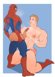 2boys big_breasts big_pecs blonde_hair blue_eyes captain_america clothed_male_nude_male cum cum_on_body cum_on_chest cum_on_face gay golewdgo male_only marvel marvel_comics mask muscles muscular muscular_arms muscular_male muscular_pecs muscular_thighs older_male older_man_and_teenage_boy paizuri pec_job pecfuck pecfucking pecjob pecs peter_parker speedo spider-man spider-man_(series) steve_rogers titjob