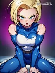 1girls ai_generated android_18 blonde_female blonde_hair blue_eyes dragon_ball dragon_ball_super dragon_ball_z female karmino medium_breasts only_female