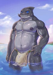 2018 3_fingers absurd_res alien blue_eyes clothing disney fingers gantu grey_body grey_nipples grey_skin hi_res lilo_and_stitch loincloth looking_at_viewer male male_only musclegut navel nipples no_sclera outside partially_submerged slugsdog solo standing wet