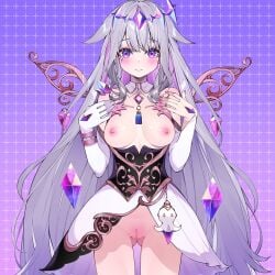 adapted_costume breasts censored circlet colored_inner_hair dress female grey_hair highres hololive hololive_english hololive_english_-advent- jewel_under_eye koseki_bijou long_hair looking_at_viewer mosaic_censoring multicolored_hair nipples open_mouth petite purple_eyes pussy small_breasts smile solo thigh_gap topless virtual_youtuber waterring white_dress