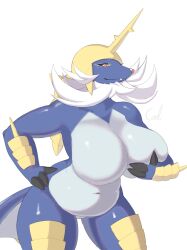 absurd_res anthro anthrofied big_breasts blue_body breasts coel_(artist) featureless_breasts female fur generation_5_pokemon hi_res horn mammal nintendo nude pokemon pokemon_(species) samurott simple_background smile solo white_background white_body