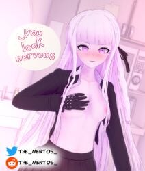 3d breasts danganronpa english_text jacket kirigiri_kyouko no_bra partially_clothed pink_hair purple_eyes solo solo_female solo_focus text text_bubble the_mentos touching_breast