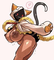 :3 ass blazblue blush breasts_out cat_ears cat_tail catgirl dark-skinned_female exposed_breasts female functionally_nude hoodie_only kagarimachi_ame large_breasts solo spoken_heart taokaka