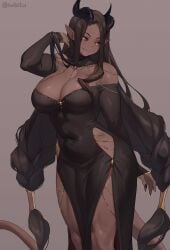 alternate_version_available big_breasts big_penis braid breasts brown_hair clothed clothing dark_skin dress fully_clothed futanari horns humanoid iwbitu long_hair oc original pointy_ears solo standing thick_thighs tight_clothing twintails wide_hips