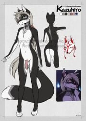 accelo animal_mask anthro ass black_body black_fur blue_eyes canid canine chains collar fox fox_mask fox_spirit fur genitals girly grey_markings hair hi_res long_hair looking_at_viewer male mammal markings mask penis pink_eyes ponytail solo