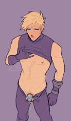 1boy chastity_cage cloud_strife final_fantasy final_fantasy_vii male male_only muscular muscular_male nipple_piercing pants_open piercing pubic_hair shirt_lift shirt_lifted_by_self soushiyo tagme