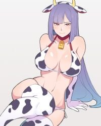 bikini cow_bikini cow_girl cow_horns cow_print cowbell gloves gundam gundam_zz large_breasts long_hair purple_hair red_eyes roux_louka sitting thighhighs