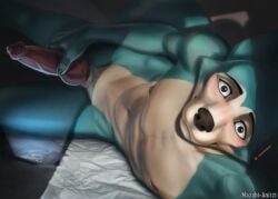 2023 anthro beastars bed blue_body blue_fur blush canid canine canis digital_media_(artwork) electronics fur furniture genitals hi_res juno_(beastars) knot legoshi_(beastars) male mammal mazahi-ani penis phone public solo wolf