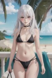 ai_generated beach bikini black_bikini black_choker blue_eyes blush choker elaina_(majo_no_tabitabi) holding_object long_hair looking_at_viewer majo_no_tabitabi ocean palm_tree petite_body sand sky small_breasts standing thighs water white_hair