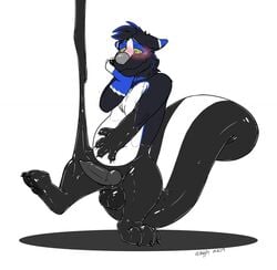 anthro balls blush canid canine dripping genitals happy hi_res kenjin mammal mephitid mind_control pouring rubber shiny_(disambiguation) skunk slightly_chubby spiral_eyes symbiote transformation