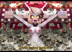 black_bowtie blonde_hair bowtie cash casual charlie_morningstar_(hazbin_hotel) dollar_bills female fkimnsfw hazbin_hotel humanoid money naked neckwear no_clothes nude pale_skin red_eyes solo standing twitter watermark