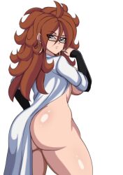 android_21 android_21_(human) ass barely_clothed blue_eyes bottomless breasts brown_hair darwaarts detached_sleeves dragon_ball dragon_ball_fighterz earrings female female_focus functionally_nude glasses highres huge_ass jewelry lab_coat large_breasts long_hair looking_back no_bra solo thick_thighs thighs