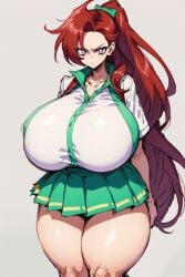 1girls ai_generated alternate_breast_size breasts closed_mouth clothing collar collarbone curvaceous curvy curvy_female curvy_figure female_focus forehead gigantic_breasts glare glaring glaring_at_viewer green_skirt hair huge_breasts large_breasts long_hair looking_at_viewer nose ponytail precure pretty_cure purple_eyes red_hair shirt short_sleeves simple_background skirt solo solo_female solo_focus standing takizawa_asuka tennis_uniform thick_thighs thighs tropical-rouge!_precure white_shirt wide_hips